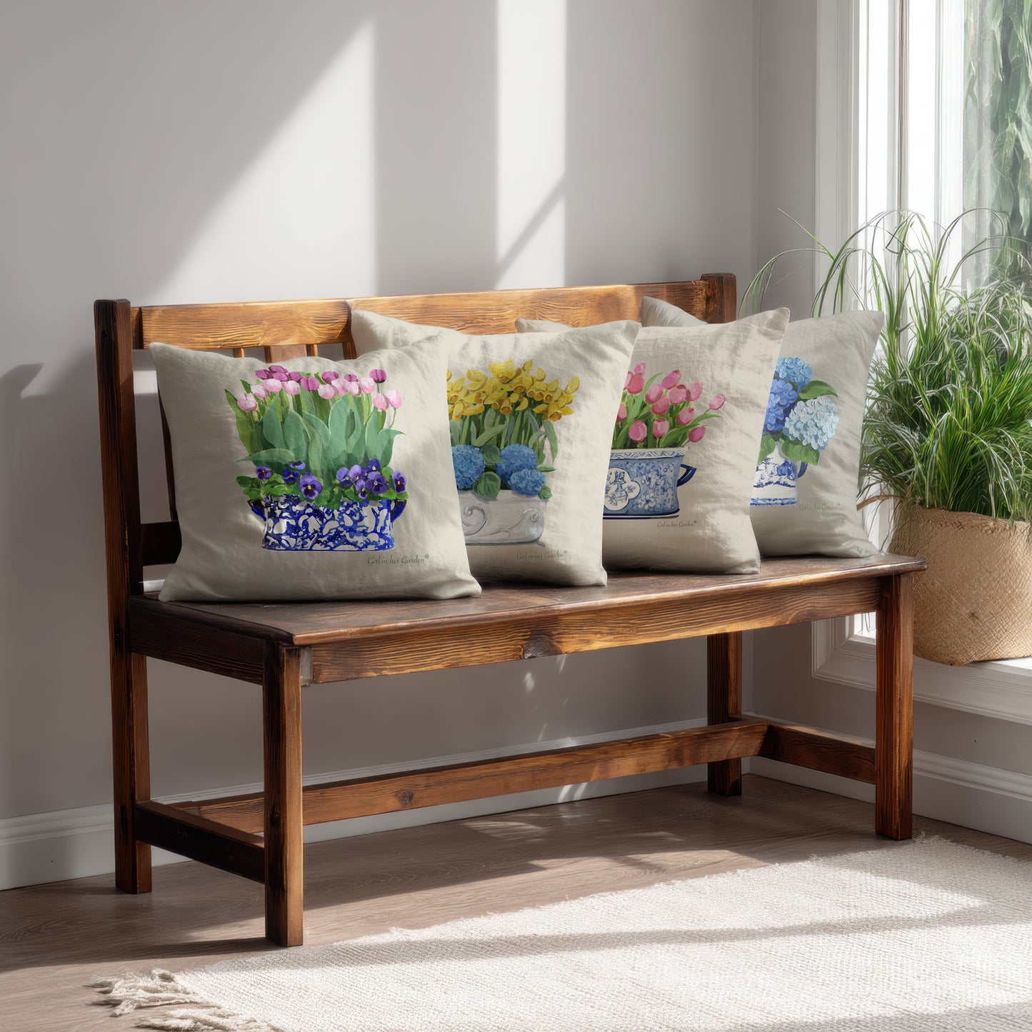 Pink Tulips & Pansy Chinoiserie Planter Pillow, Pillow Cover