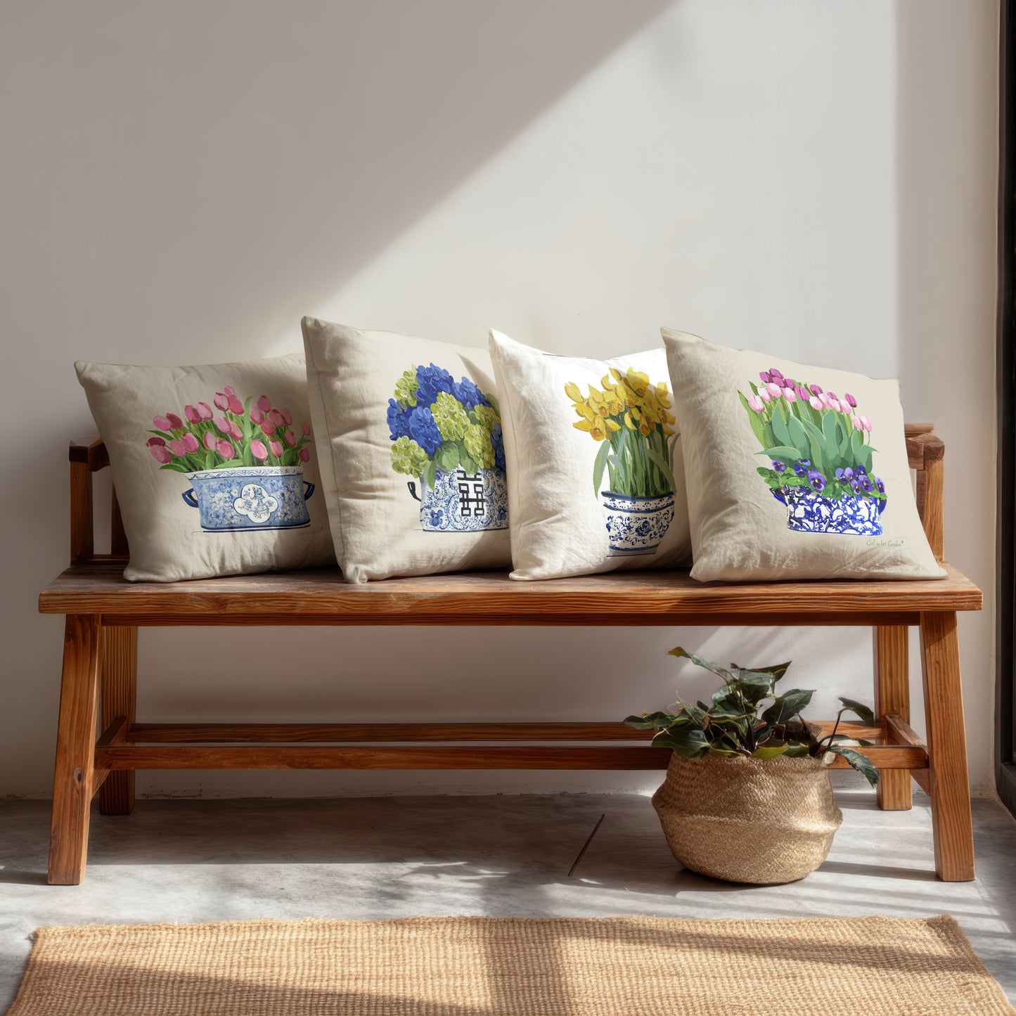Pink Tulips & Pansy Chinoiserie Planter Pillow, Pillow Cover