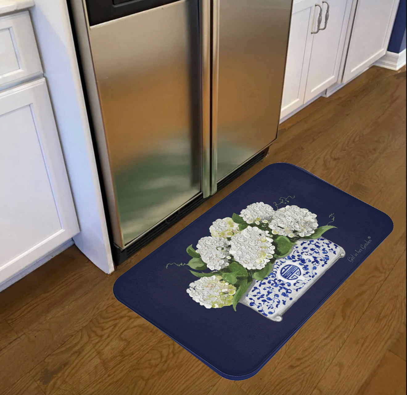 Kitchen, Bath Cushion Mat, Navy with White Hydrangeas Chinoiserie Planter