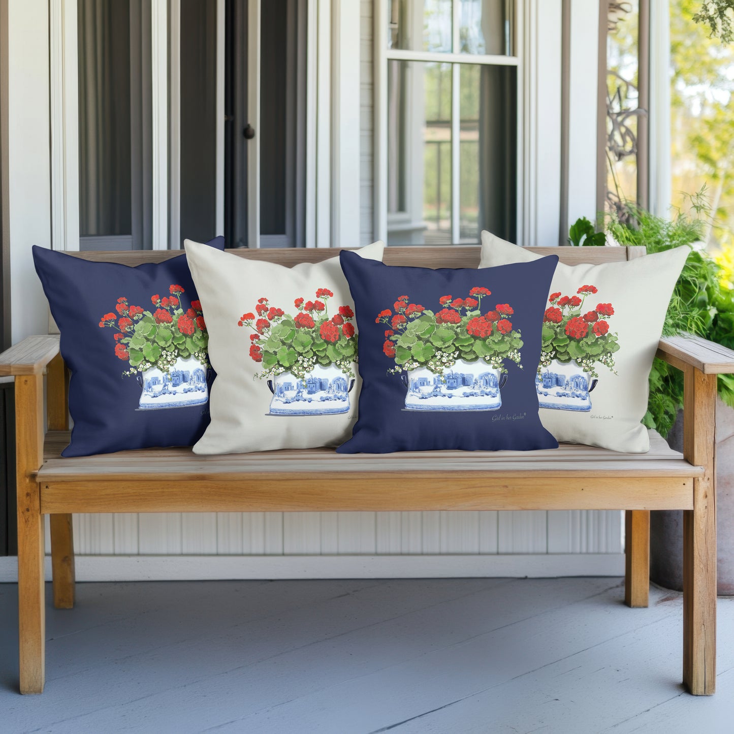 Red Geraniums Chinoiserie Planter Outdoor Pillow, Pillow Cover