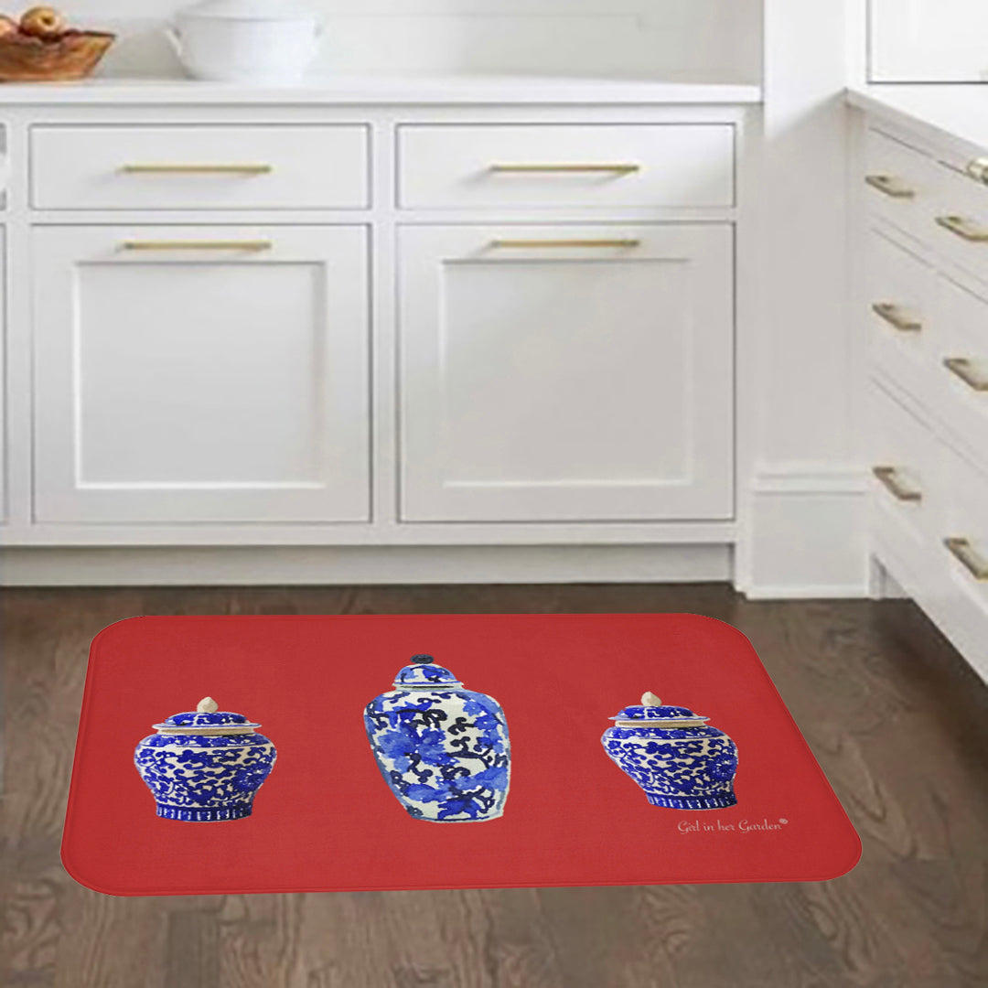 Kitchen, Bath Cushion Mat, Red Chinoiserie Vase