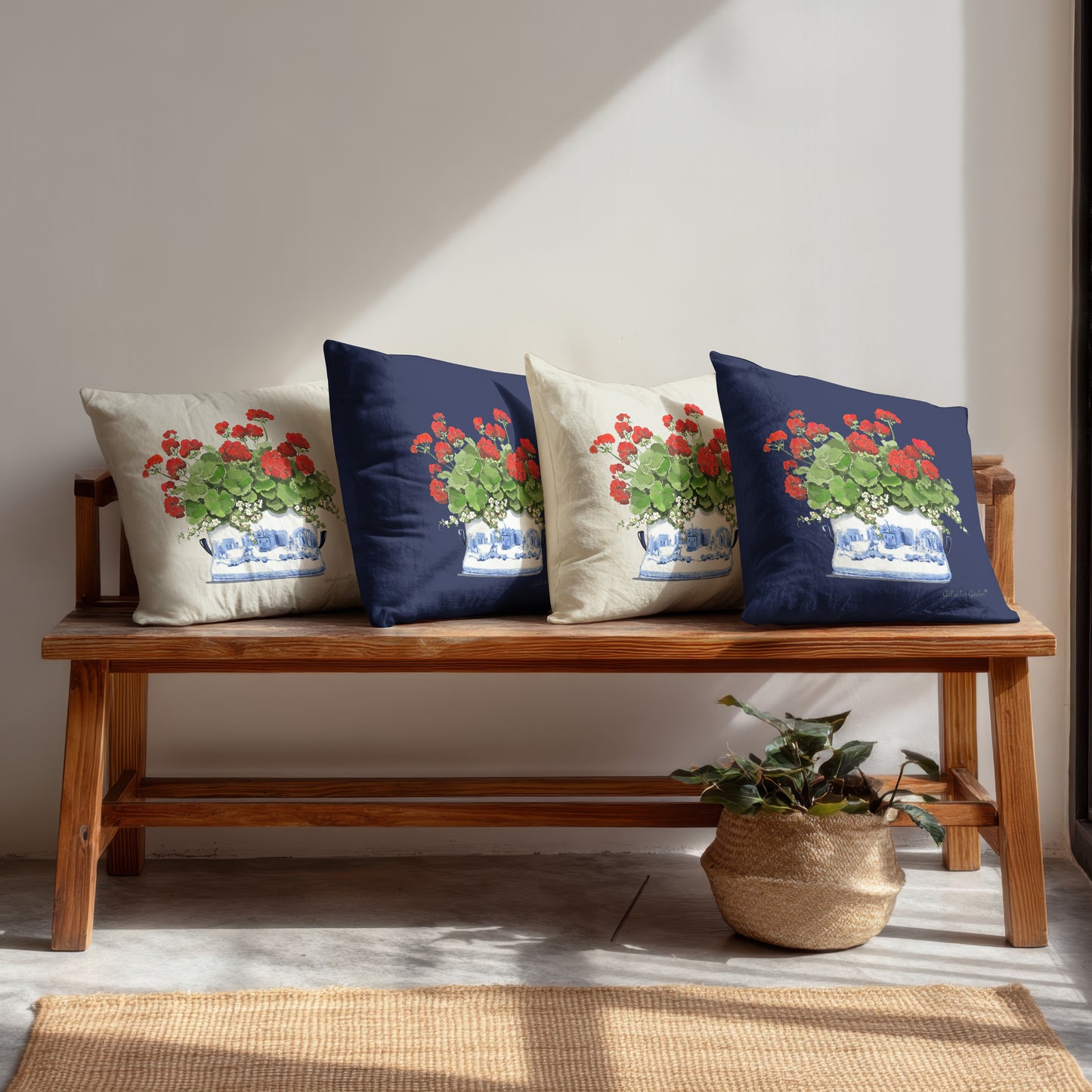 Red Geraniums Chinoiserie Planter Outdoor Pillow, Pillow Cover