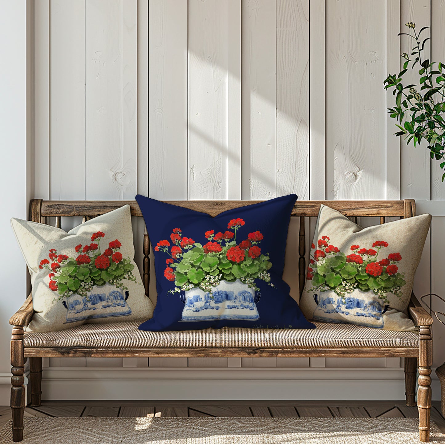 Red Geraniums Chinoiserie Planter Outdoor Pillow, Pillow Cover
