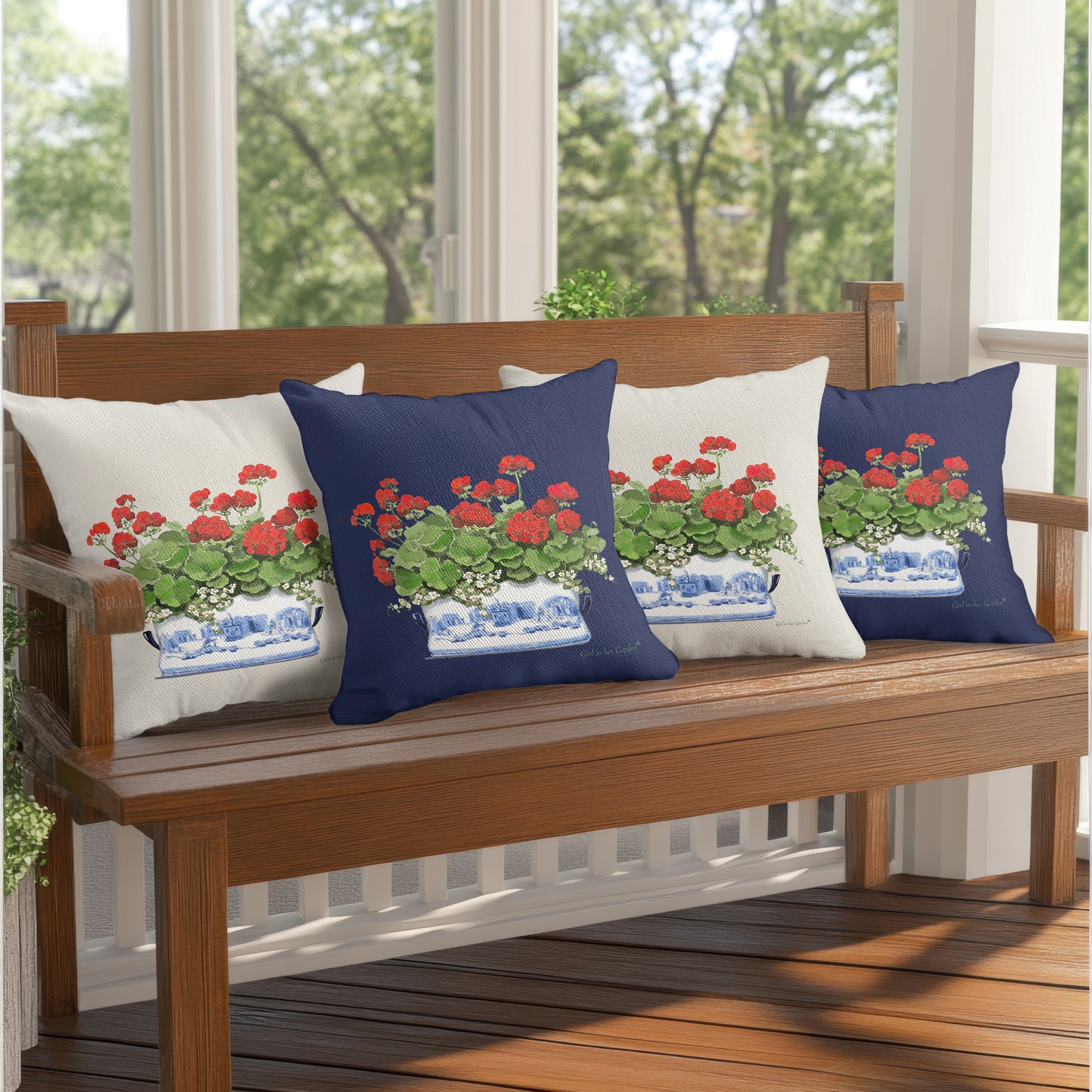 Red Geraniums Chinoiserie Planter Outdoor Pillow, Pillow Cover