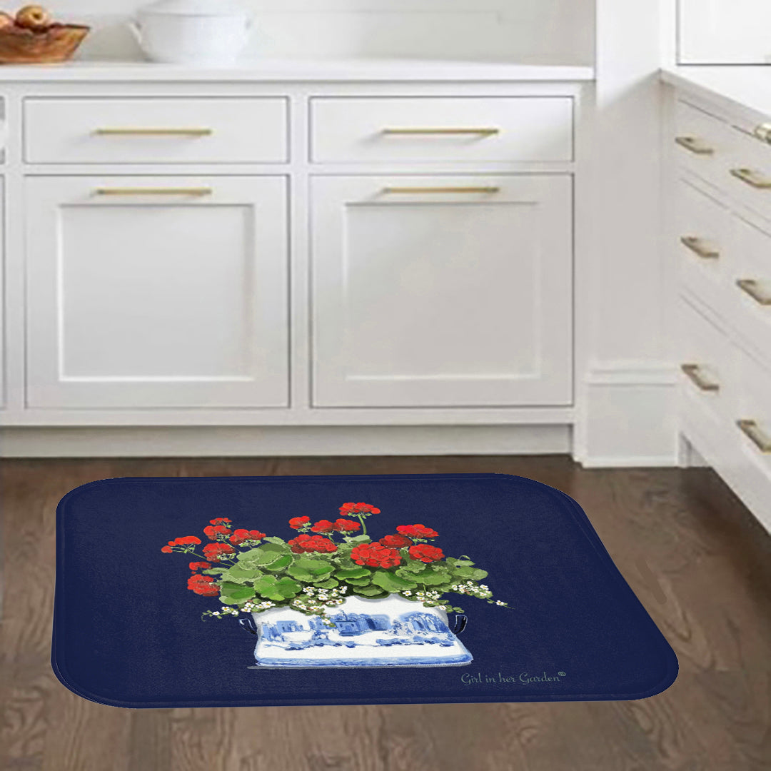 Red Geraniums Navy Chinoiserie Kitchen & Cushion Bath Mat