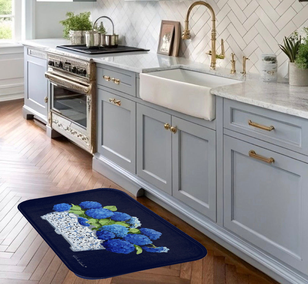 Kitchen, Bath Cushion Mat, Blue Hydrangea Planter