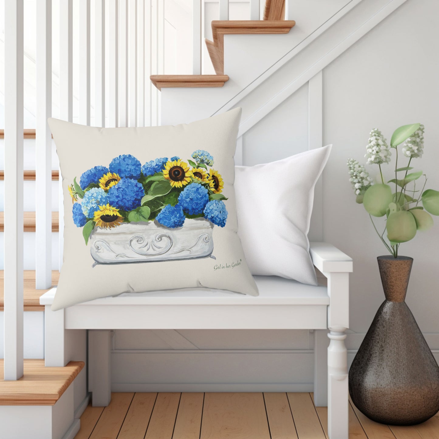 Sunflower & Blue Hydrangea Beige Pillow, Pillow Cover