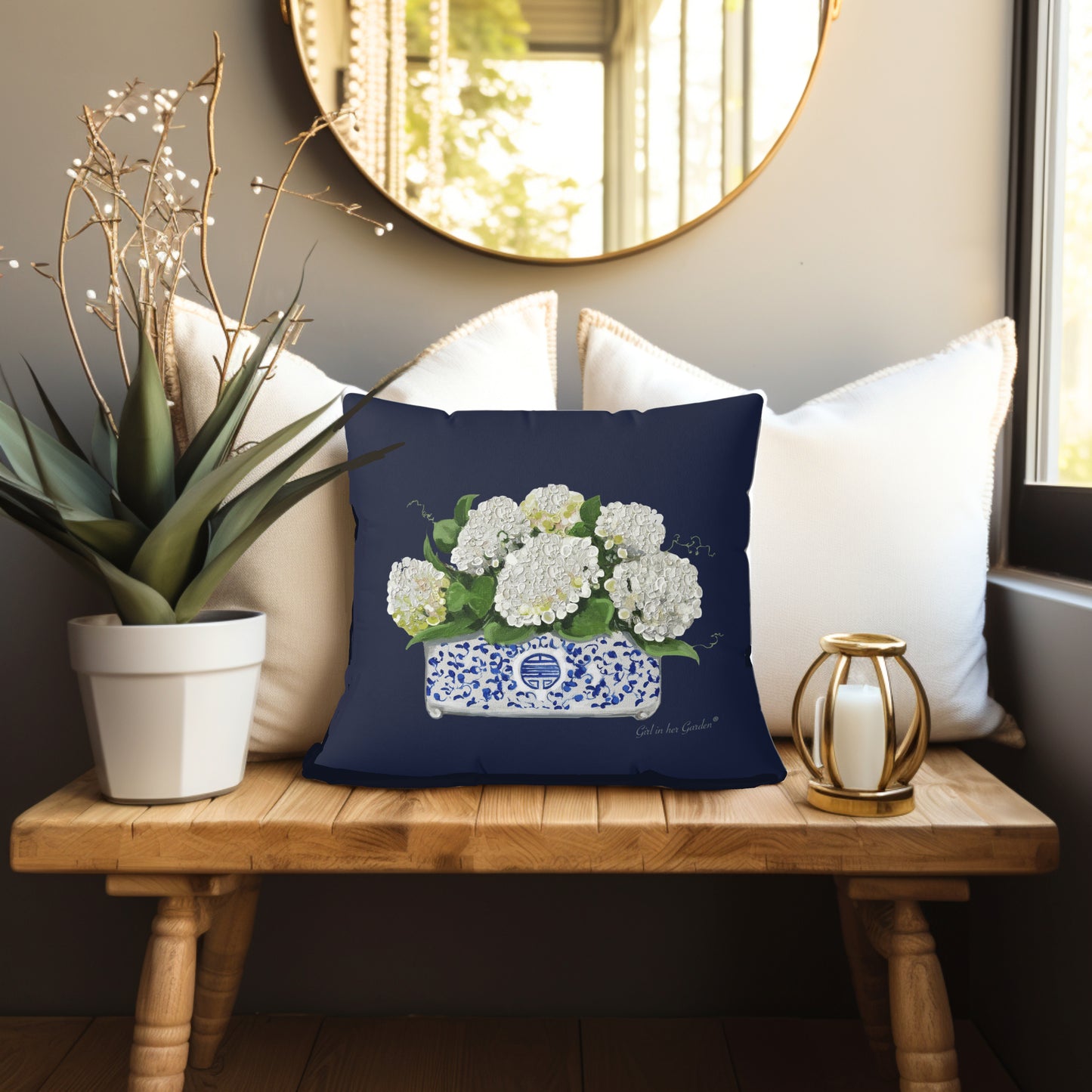White Hydrangea Planter, Navy Pillow, Pillow Cover