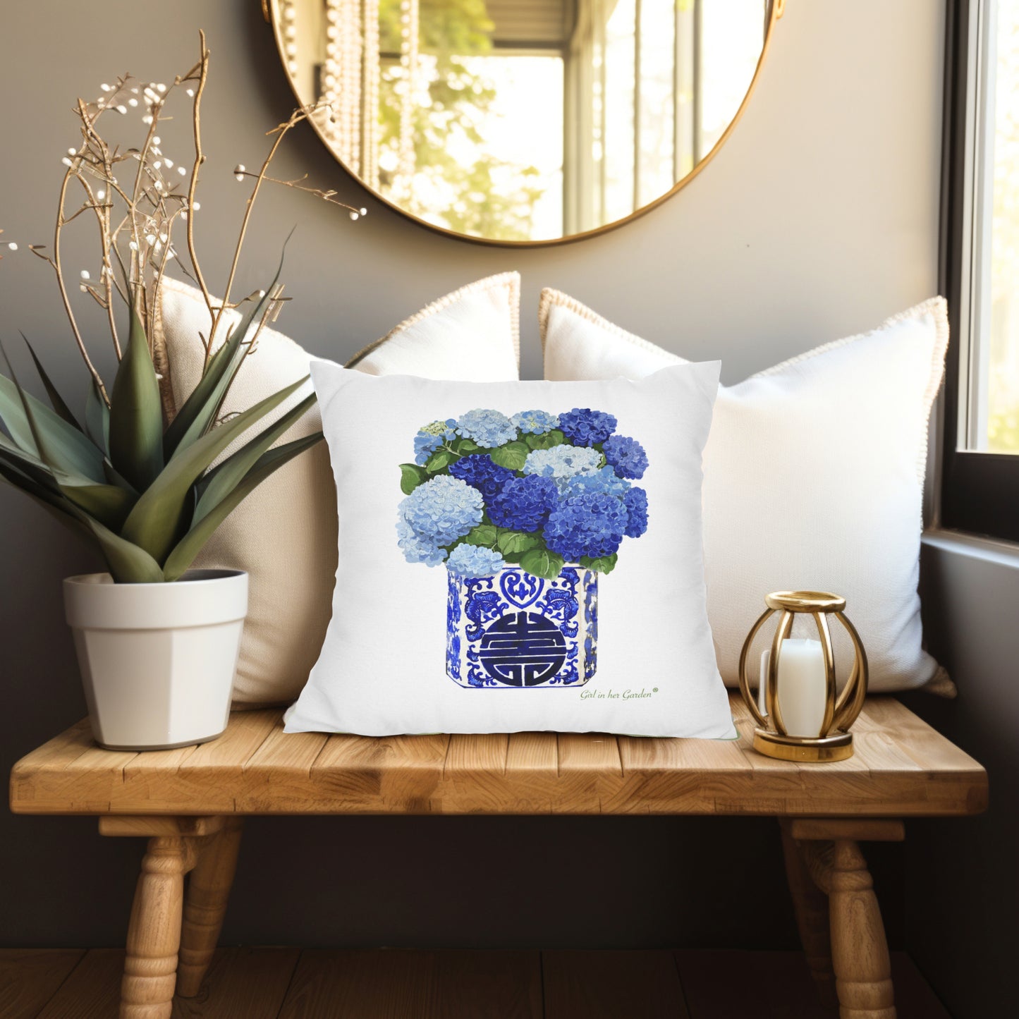Blue Hydrangea Chinoiserie  White Pillow, Pillow Cover