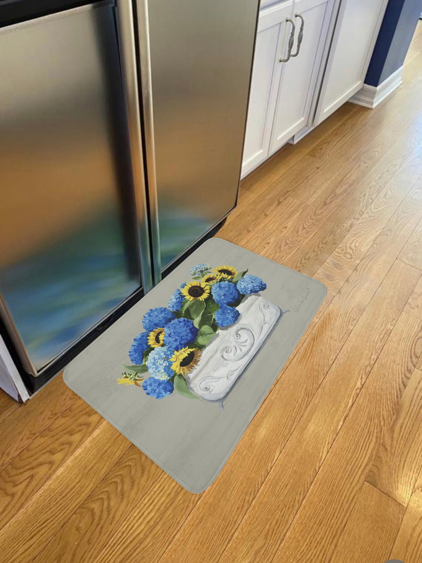 Kitchen, Bath Cushion Mat, Beige Sunflowers & Hydrangeas Planter