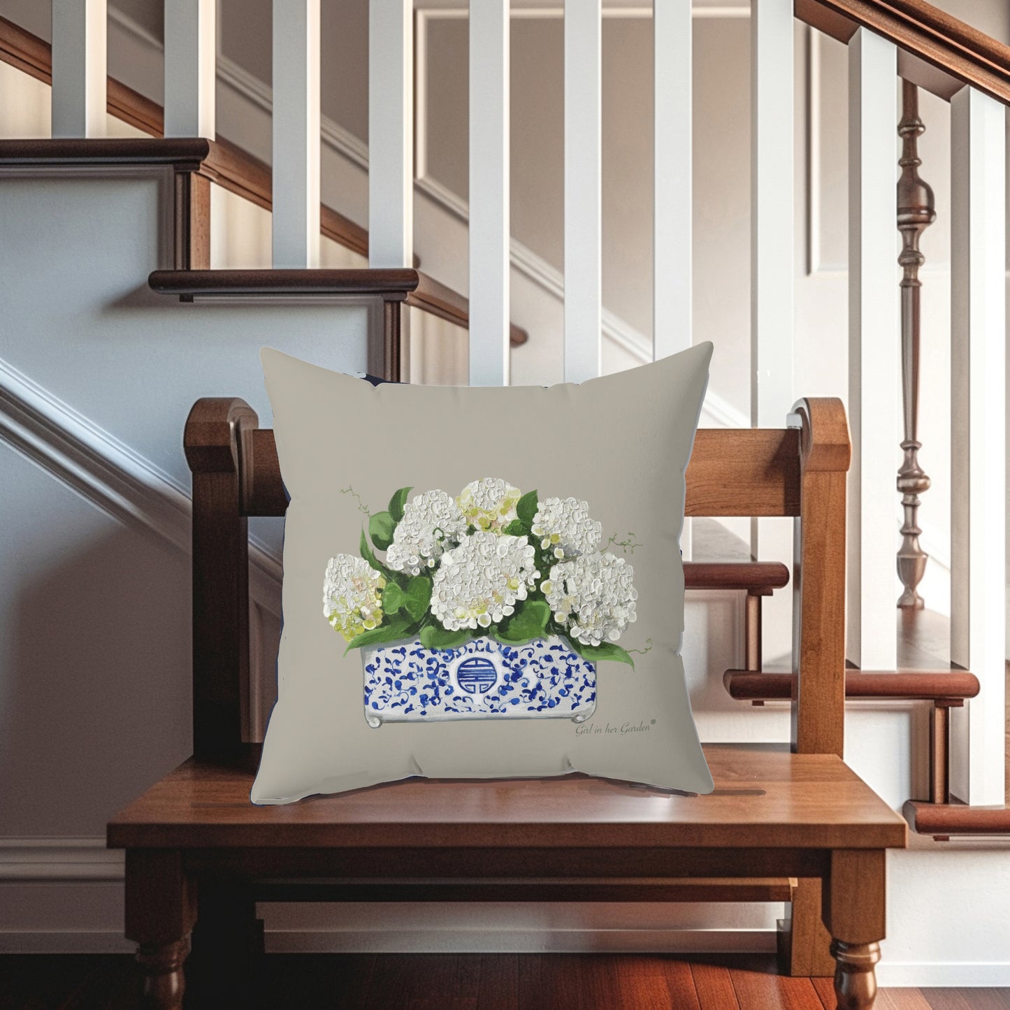 White Hydrangea Planter, Beige Pillow, Pillow Cover
