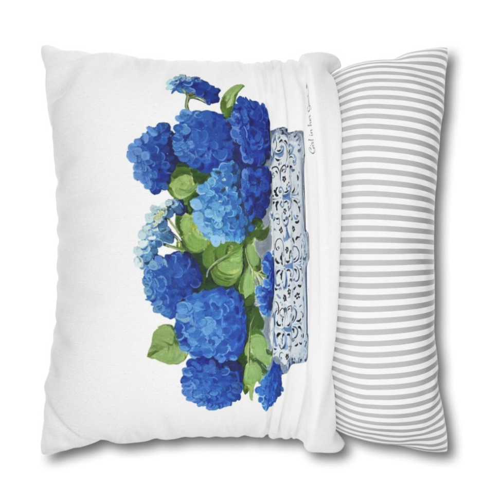 Blue Hydrangea Planter White Pillow, Pillow Cover