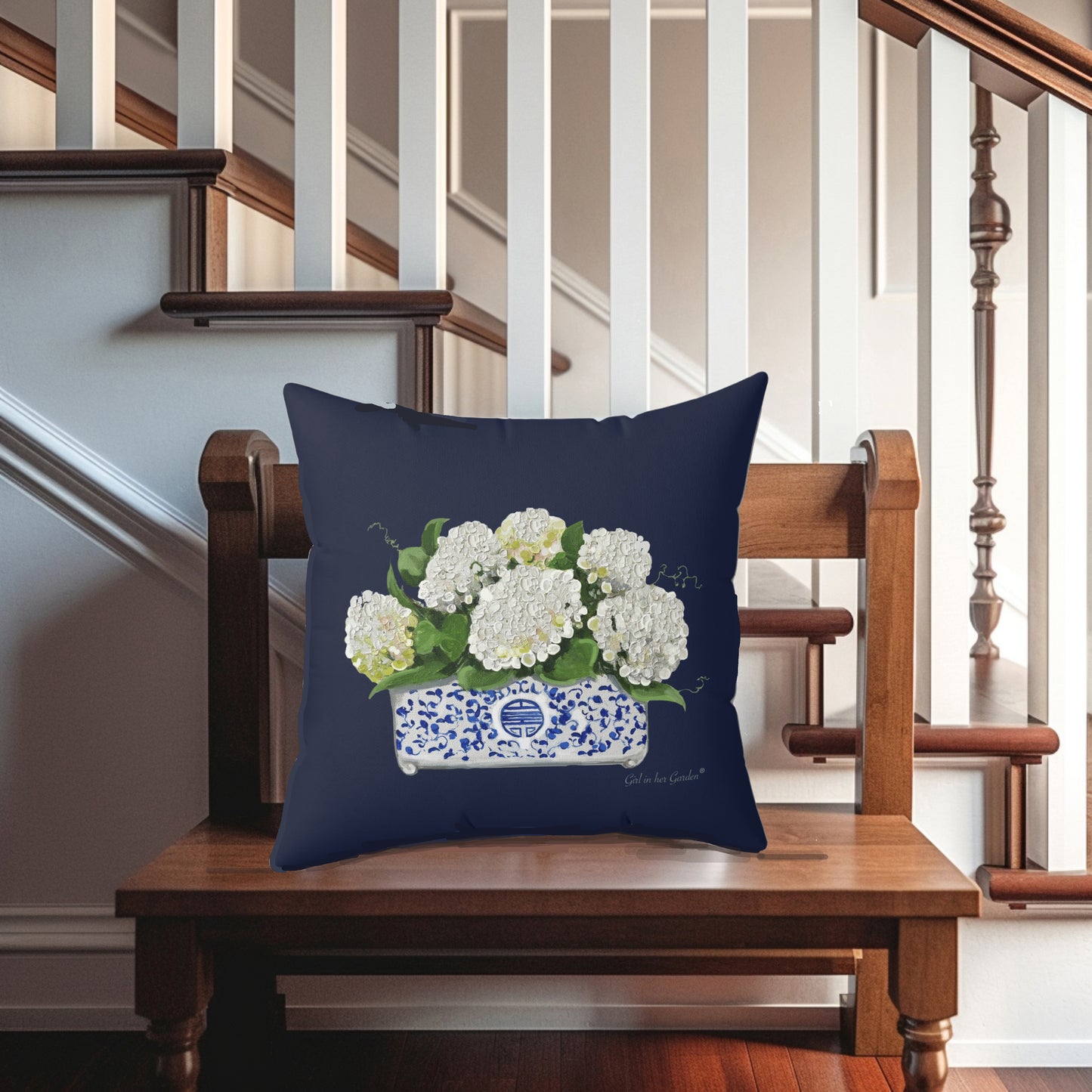 White Hydrangea Planter, Navy Pillow, Pillow Cover