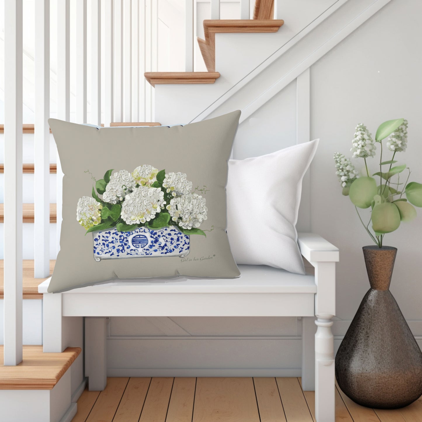 White Hydrangea Planter, Beige Pillow, Pillow Cover