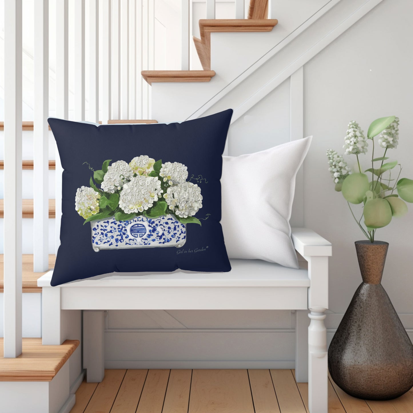 White Hydrangea Planter, Navy Pillow, Pillow Cover