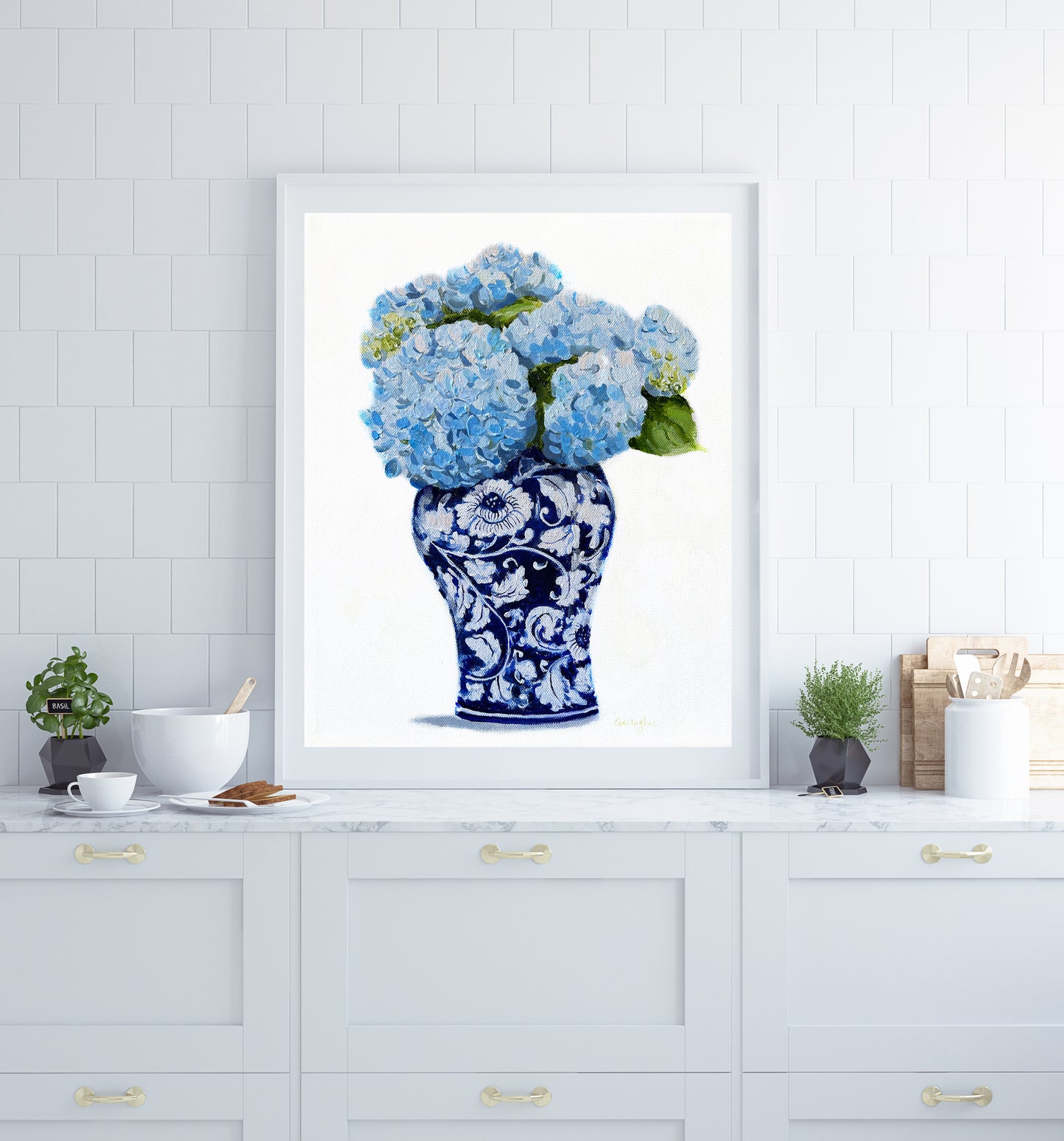 Light Blue Hydrangea & Chinoiserie Print