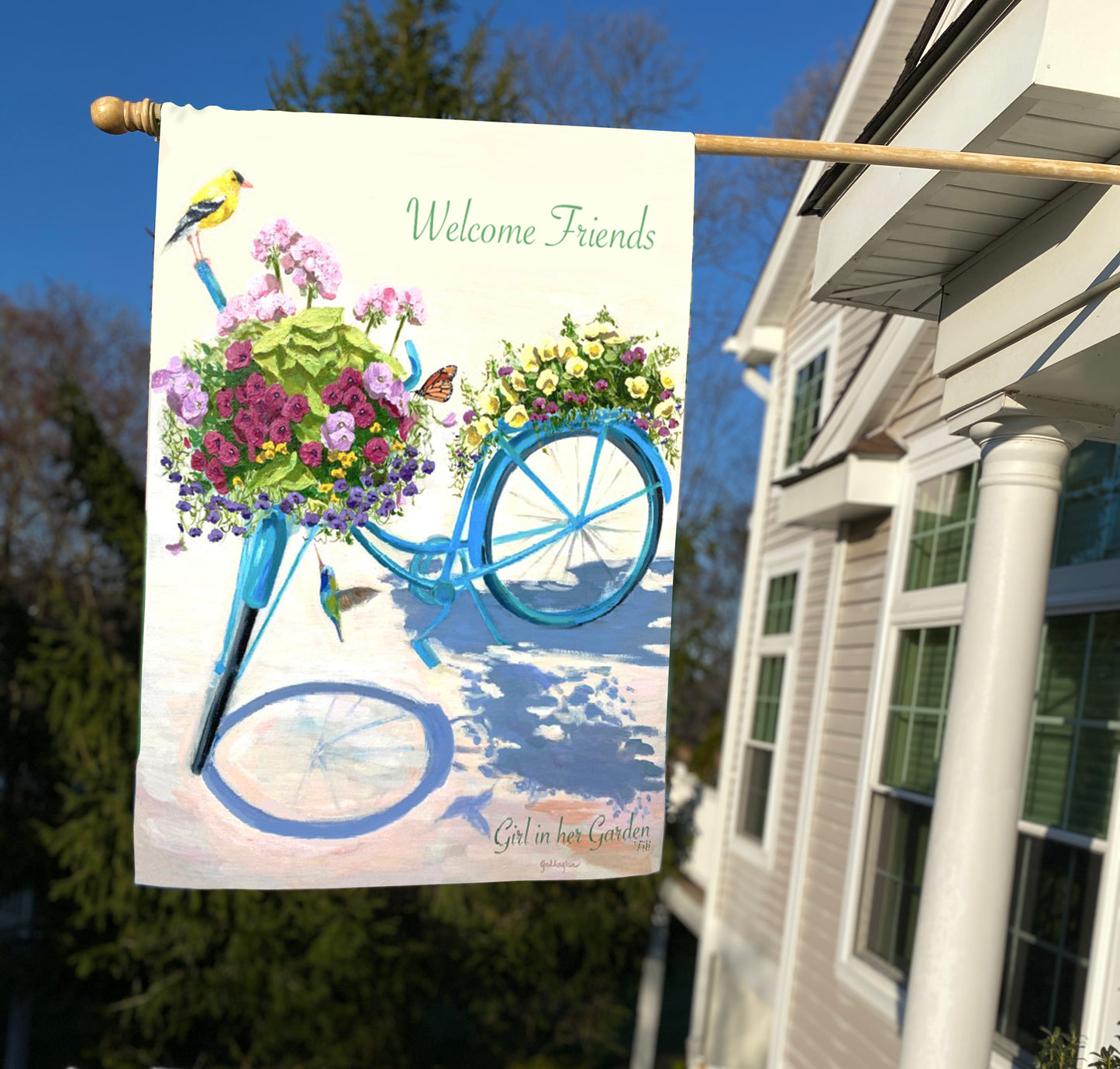 Painted Blue Bicycle Planter House Flag