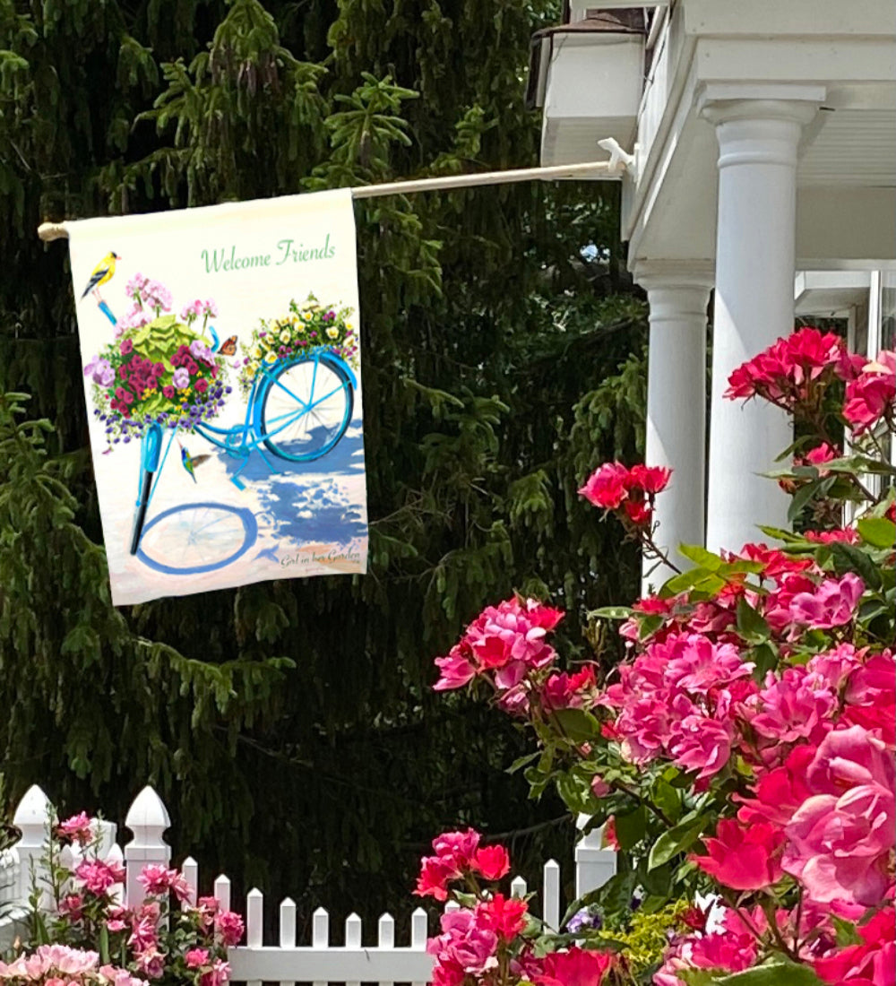 Painted Blue Bicycle Planter House Flag