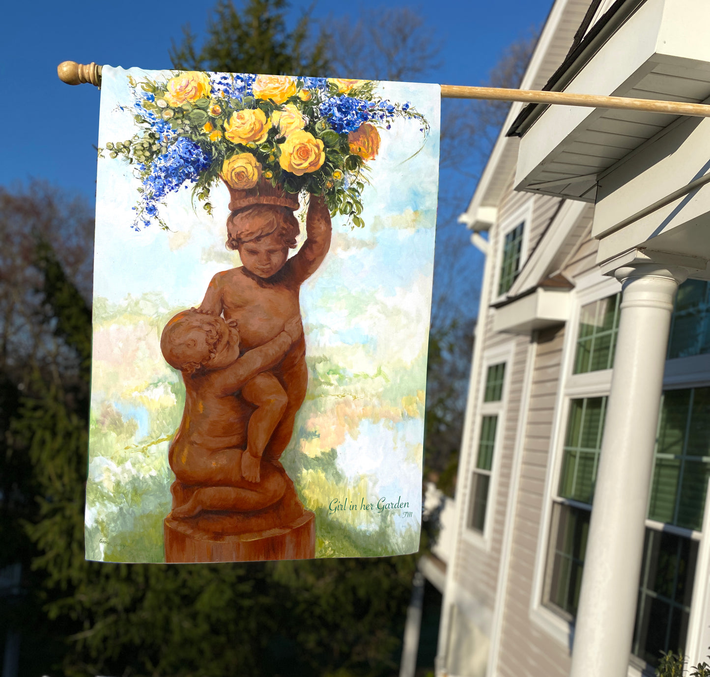 Painted Cherub Planter, House Flag 28" x 40"