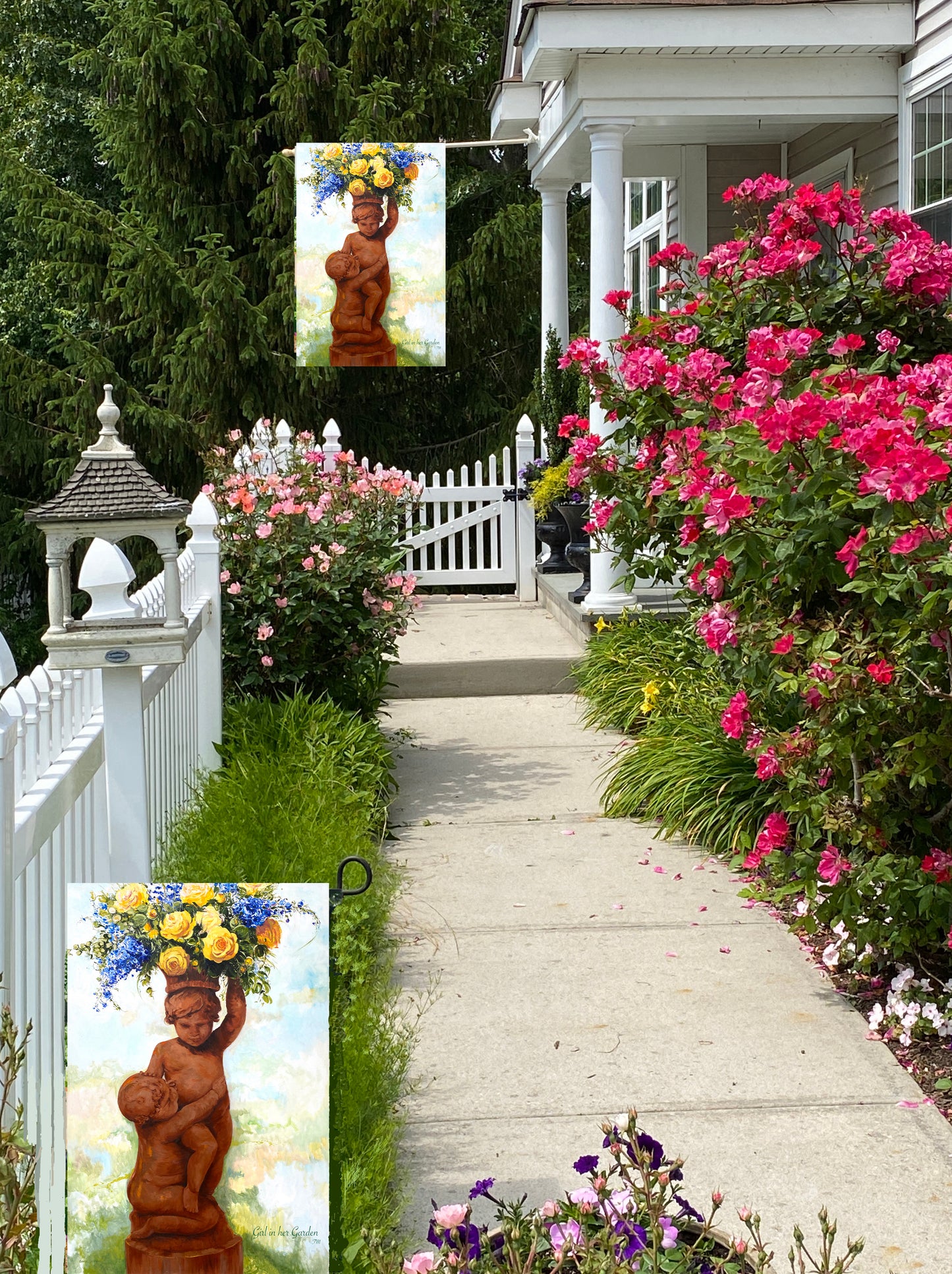 Painted Cherub Planter, Garden Flag 12" X 18"