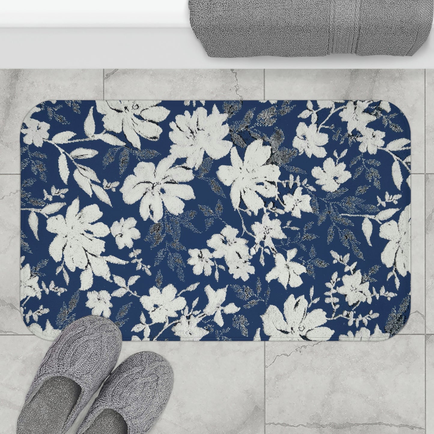 Kitchen, Bath Cushion Mat , Navy Blue White Floral