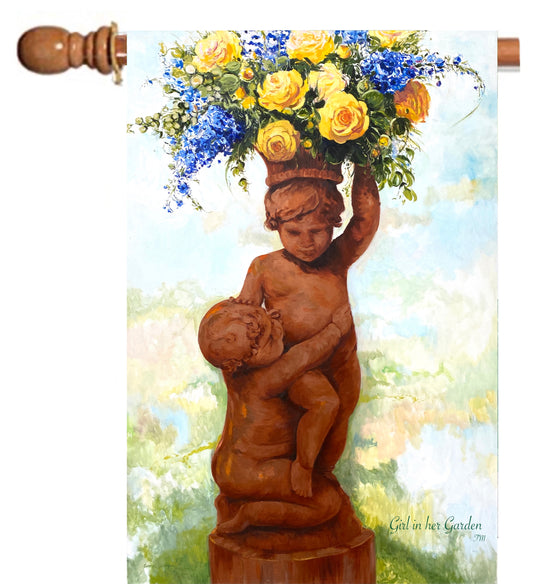 Painted Cherub Planter, House Flag 28" x 40"