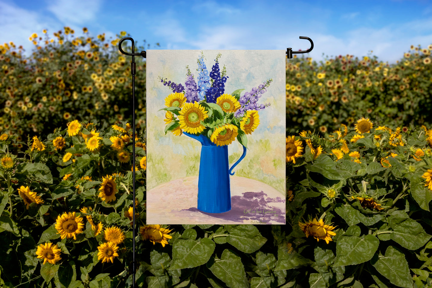 Painted Delphiniums  & Sunflowers Garden Flag