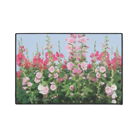 Indoor Outdoor Rubber Floor Mat, Painted Hollyhocks