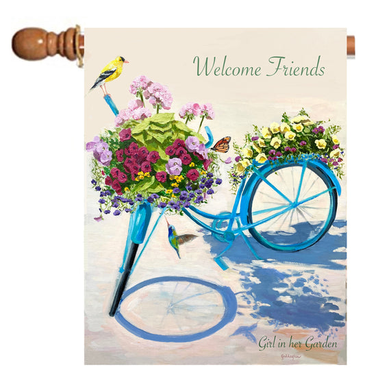Painted Blue Bicycle Planter House Flag