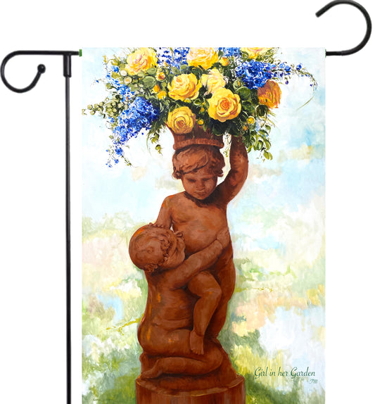 Painted Cherub Planter, Garden Flag 12" X 18"